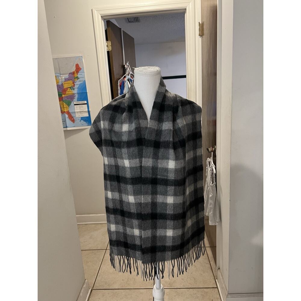 Louisa Perini Black Gray Plaid Fringed Cashmere Scarf 12x66